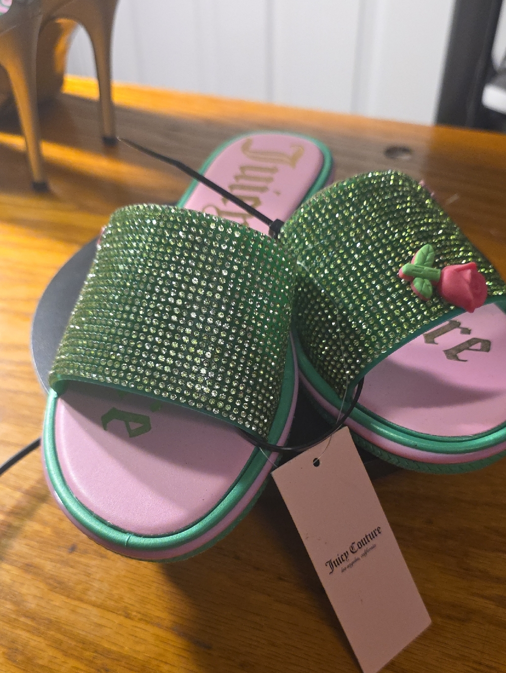 Juicy Couture  Green Crystal Slide Sandals with Pink Footbed Sz. 7